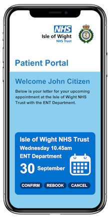 Mobile phone image showing an example of an appointment booked via the patient portal.