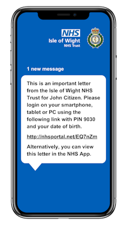 An image of a mobile phone illustrating the text message that will be sent from Isle of Wight NHS Trust
